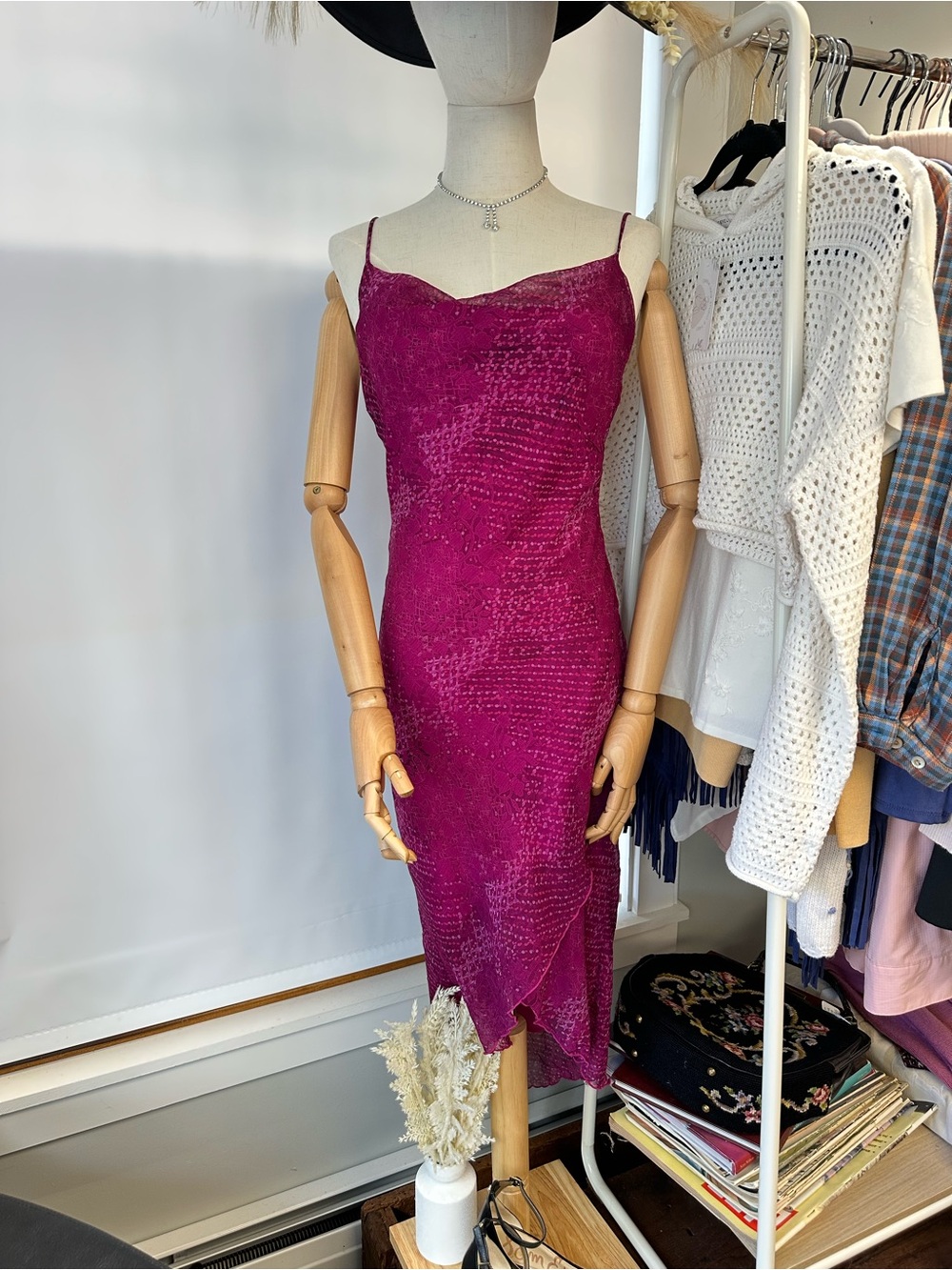 90s Magenta Spaghetti Strap Midi Slip Dress